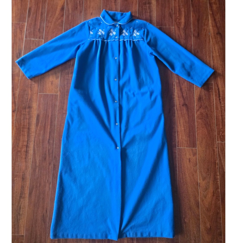 Vintage Katz Blue Fleece Button Front Long Robe Embroidered Floral L 16-18 USA